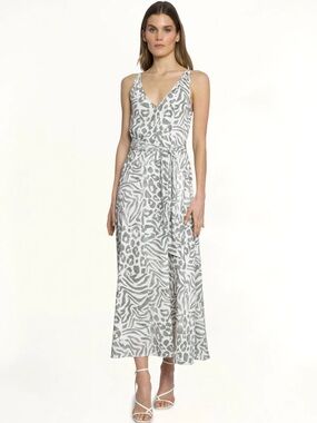 LUXELY Finley CREAM/ALO GREEN Animal-Print Maxi Dress with Tie Waist